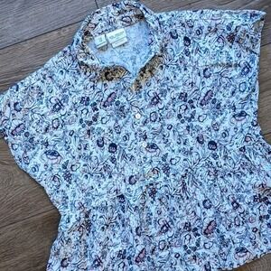 Linen Floral Rachael Zoe Relaxed Button Down Peplum Shirt - Pink Navy Flower Top